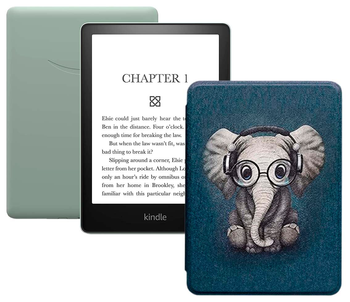 Электронная книга Amazon Kindle PaperWhite 2021 16Gb Ad-Supported Agave Green с обложкой ReaderONE PaperWhite 2021 Elephant