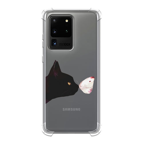 Противоударный силиконовый чехол на Samsung Galaxy S20 Ultra / Самсунг Галакси S20 Ультра с рисунком Черный кот и бабочка