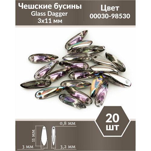 Чешские бусины, Glass Dagger, 3х11 мм, цвет Crystal Silver Rainbow, 20 шт.