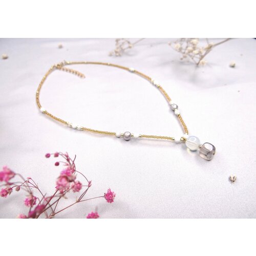 Чокер K&A, кварц, агат, бисер, лунный камень, жемчуг пресноводный культивированный, длина 37 см, золотой, белый