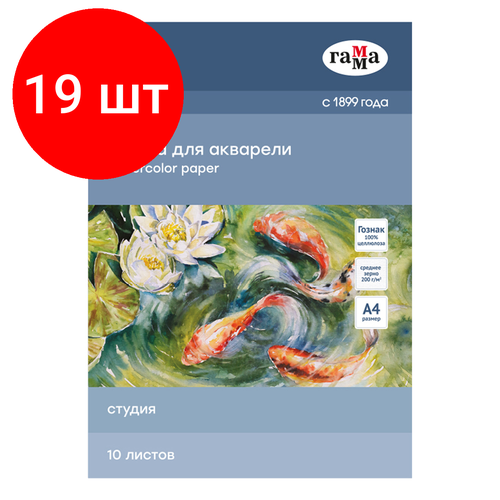 Комплект 19 шт, Папка для акварели, 10л, А4 Гамма Студия, 200г/м2, среднее зерно