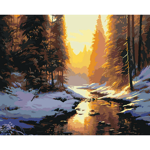 картина по номерам природа пейзаж с лесным ручьем и горами Картина по номерам Природа пейзаж с ручьем в зимнем лесу