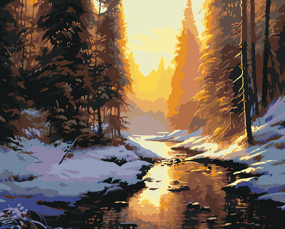 Картина по номерам Природа пейзаж с ручьем в зимнем лесу
