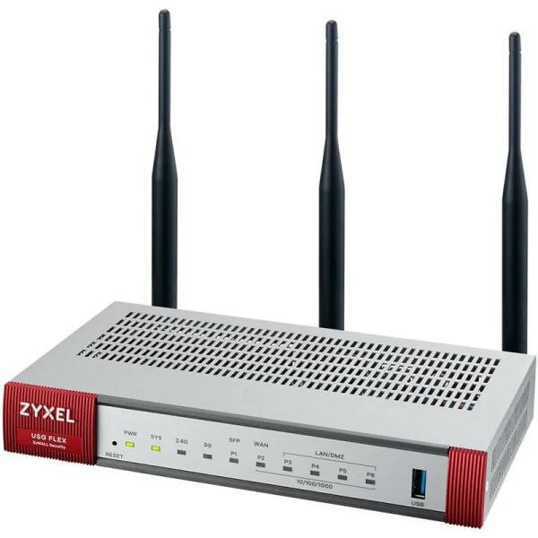 ZYXEL ZyWALL USG FLEX 100W Firewall with 1-year subscriptions (AS, AV, CF, IDP), 2xWAN GE (1xRJ-45 and 1xSFP), 4xLAN / DMZ GE, 802.11a / b / g / n / a