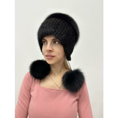 шапка ушанка женская зимняя вязаная из 100% натурального меха чернобурки Шапка бини Машенька, размер 59, черный