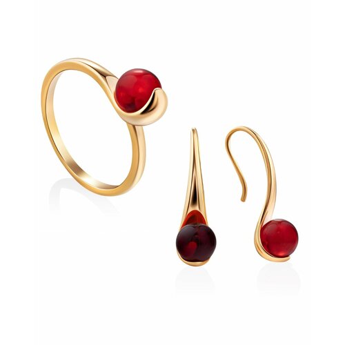 фото Комплект бижутерии: кольцо, серьги, янтарь, красный amberhandmade