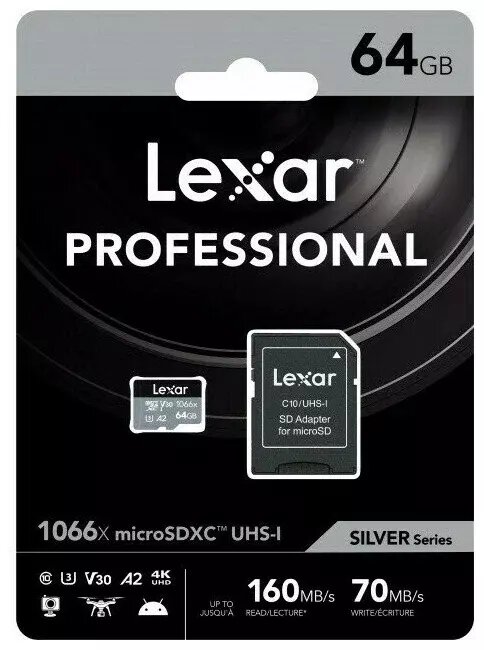 Карта памяти Lexar Professional 1066x Silver microSDXC 64GB UHS-I U3 V30 A2, R/W 160/70 МБ/с