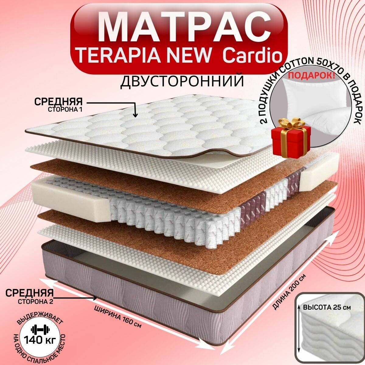 Матрас TERAPIA NEW Cardio, анатомический, ортопедический, независимые пружины, 200х160 см