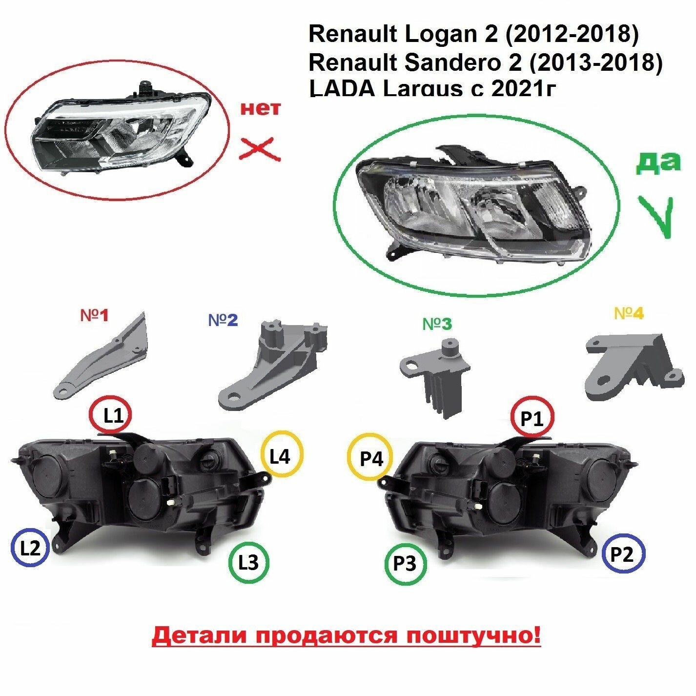 Ремкомплект фары для Renault Logan 2(12-18г), Renault Sandero 2(13-18г), Lada Largus c 2021