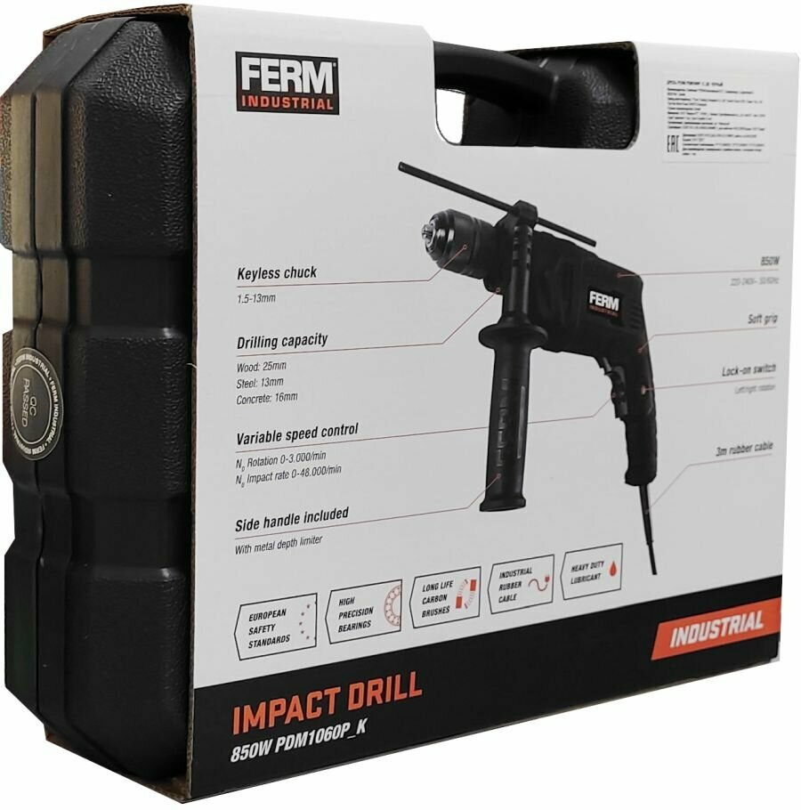 Перфоратор, дрель ударная FERM PDM1060P_K, 850Вт, 0 -3000 об/мин, БЗП, 13мм, кейс - фото №15