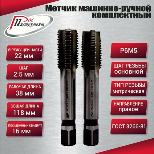 Метчик машинно-ручной М 22,0 х 2,5 комплектный 2 шт. ГОСТ 3266-81 Р6М5