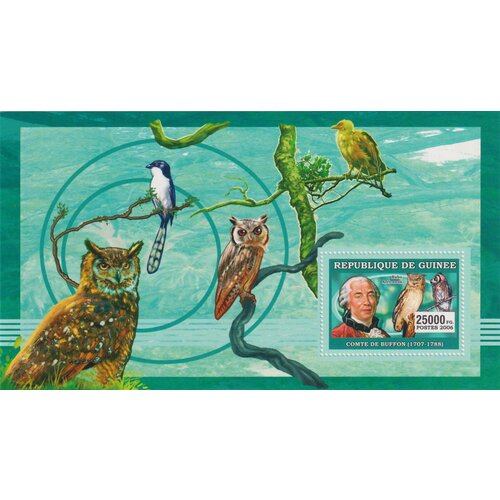 Почтовые марки Гвинея 2006г. Орнитологи и птицы, Жорж Луи Леклерк Совы, Птицы, Ученые MNH