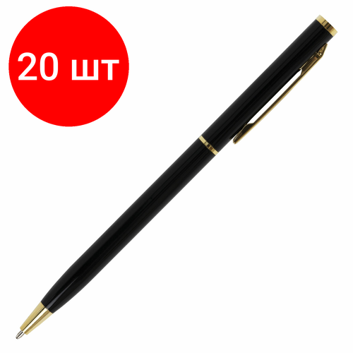 Комплект 20 шт, Ручка подарочная шариковая BRAUBERG Slim Black, корпус черный, узел 1 мм, линия письма 0.7 мм, синяя, 141402