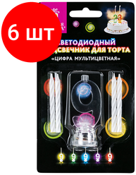 Комплект 6 шт, Цифра-подсвечник "9" светодиодная, золотая сказка, в наборе 4 свечи 6 см, 1 батарейка, 591432