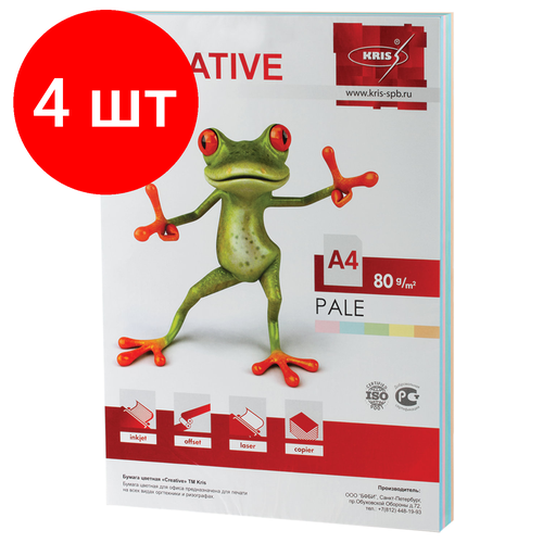 Комплект 4 шт, Бумага цветная CREATIVE color (Креатив) А4, 80 г/м2, 250 л, (5 цветов х 50 листов), микс пастель, БПpr-250r