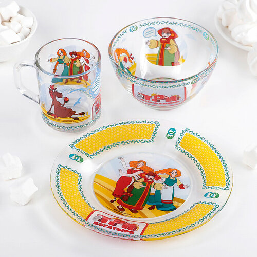 Набор детской стеклянной посуды «Три богатыря. Царевны», 3 предмета: тарелка d=19,7 см, салатник d=13 см, кружка 300 мл, Priority, цвет прозрачный