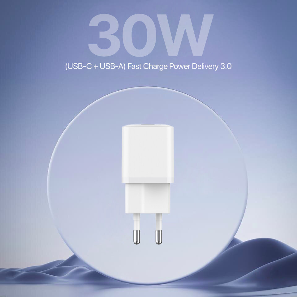 Компактный блок питания 30W на 2 порта (USB-C + USB-A), Скоростная зарядка (GaN), Power Delivery, Белый