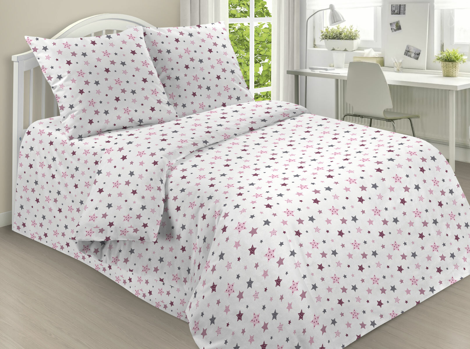 фото Простынь 150х215 от "Natali HomeTextile", бязь, хлопок 100%, цвет белый с пастельным звёздным принтом