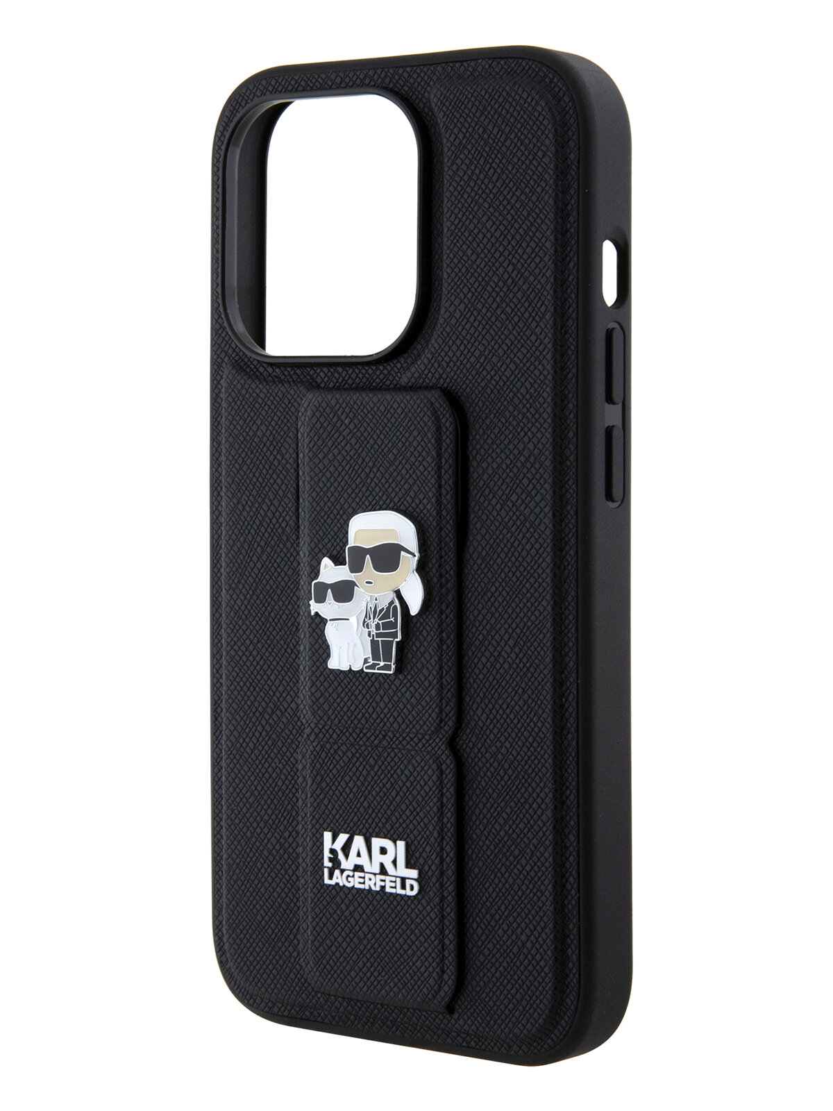 Lagerfeld для iPhone 15 Pro Max чехол GripStand PU Saffiano NFT Karl & Choupette metal Hard Black