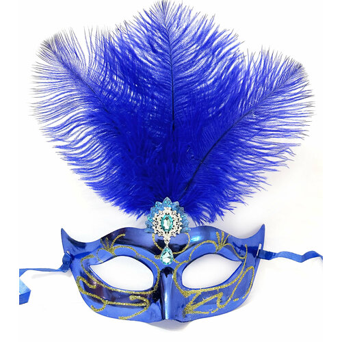Маска карнавальная венецианская синяя с перьями / Маска маскарадная для лица венецианская маска чёрно красная для маскарада мужская