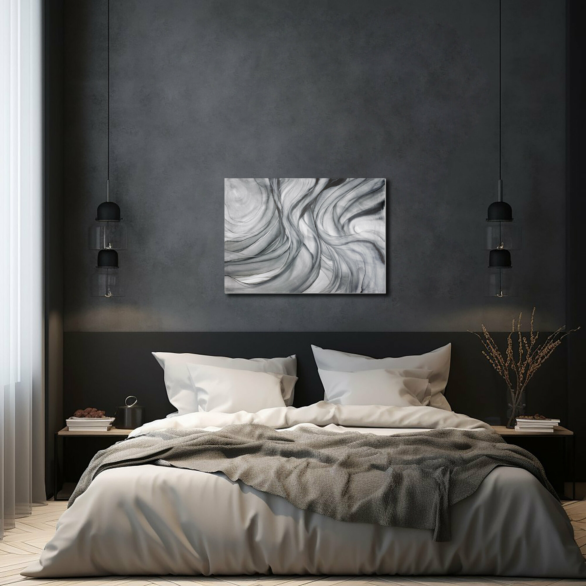 Картина-оригинал — чёрно-белая картина-абстракция на подрамнике 50х70 см флюид-арт спиртовыми чернилами – Морской узел