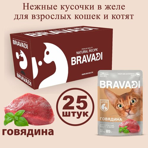 BRAVADI шоубокс нежные кусочки с говядиной в желе для кошек и котят 25шт 800₽