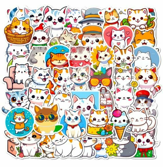 Наклейки "Кошачье очарование: большой набор стикеров с котиками" для стикербомбинга / скрапбукинга 50шт