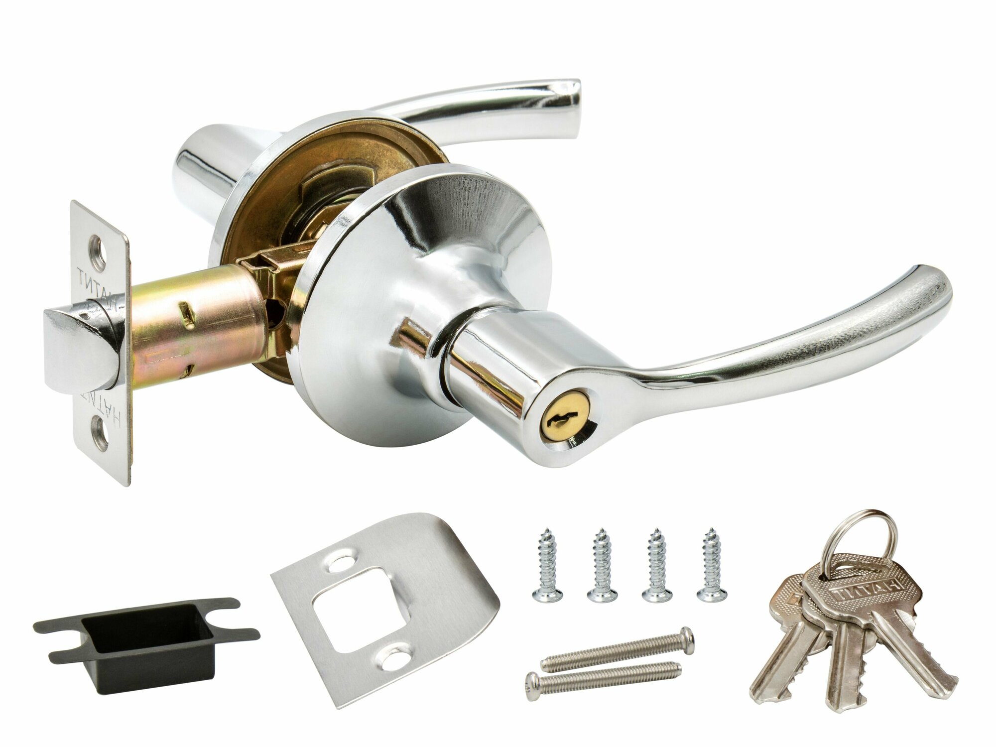 Ручка дверная с защелкой межкомнатная поворотная нажимная Титан 100-00 СР ключ/фиксатор хром