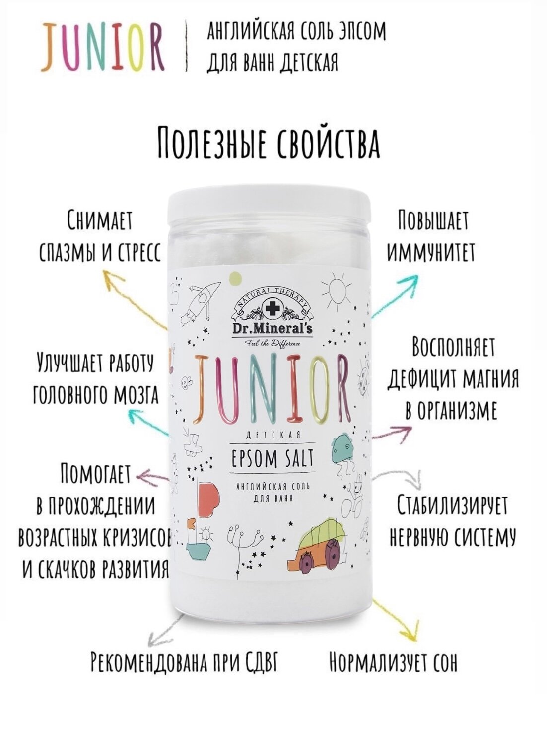 Dr. Mineral’s, Соль для ванн детская Junior Epsom salt,1000 грамм+10% в подарок