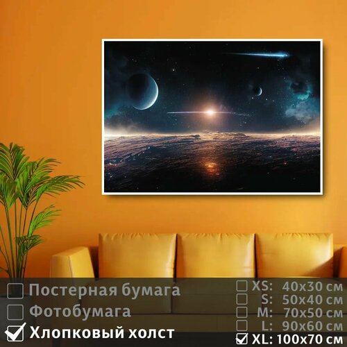 фото Постер на холсте яркая звезда и планеты в галактике 100х70 см полицентр