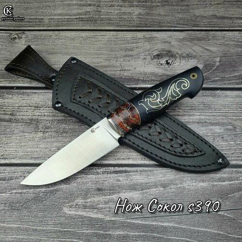 фото Нож "сокол"сталь s390, рукоять притин мельхиор, стабилизированный радиусный зуб мамонта, чёрный граб, инкрустация. кузница сёмина юрия михайловича