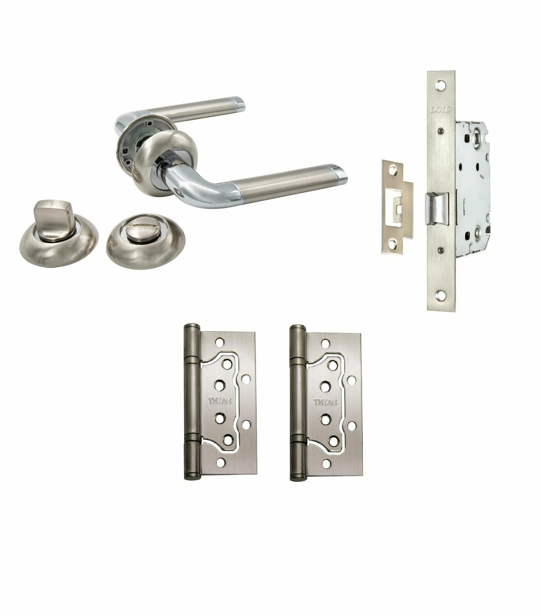 фото Ручки дверные (2 шт) межкомнатные Loid 140 SN/CP + замок M-2055 B SN + завертка круглая SN/CP + петли без вреза SN матовый хром/хром