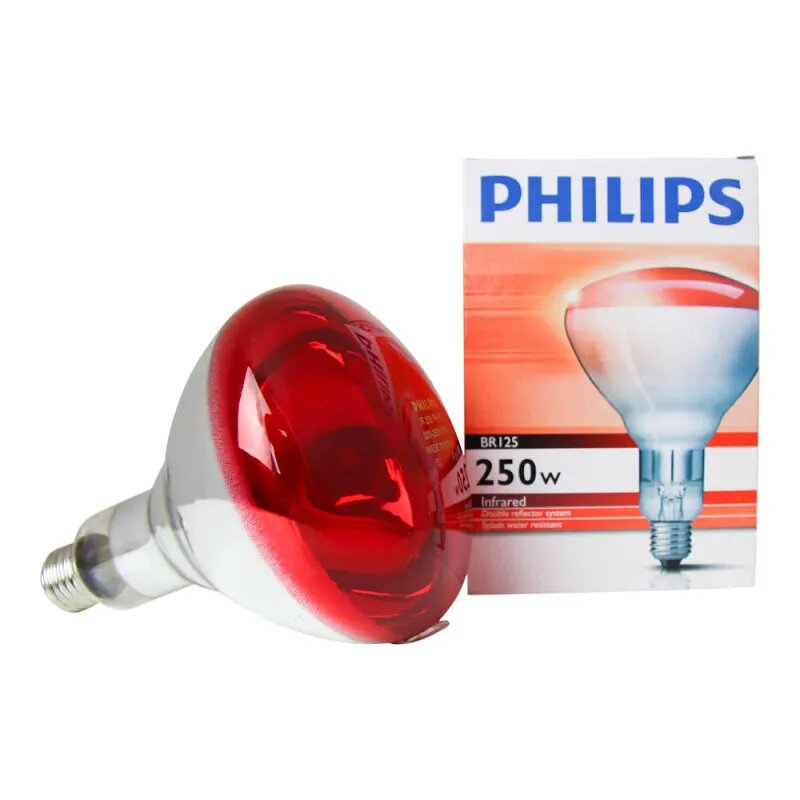 Лампочка Philips Инфракрасная Рефлектор 250Вт E27 230-250В красная. Для обогрева теплиц ферм курятников готовых блюд жилых и нежилых помещений уп.1шт