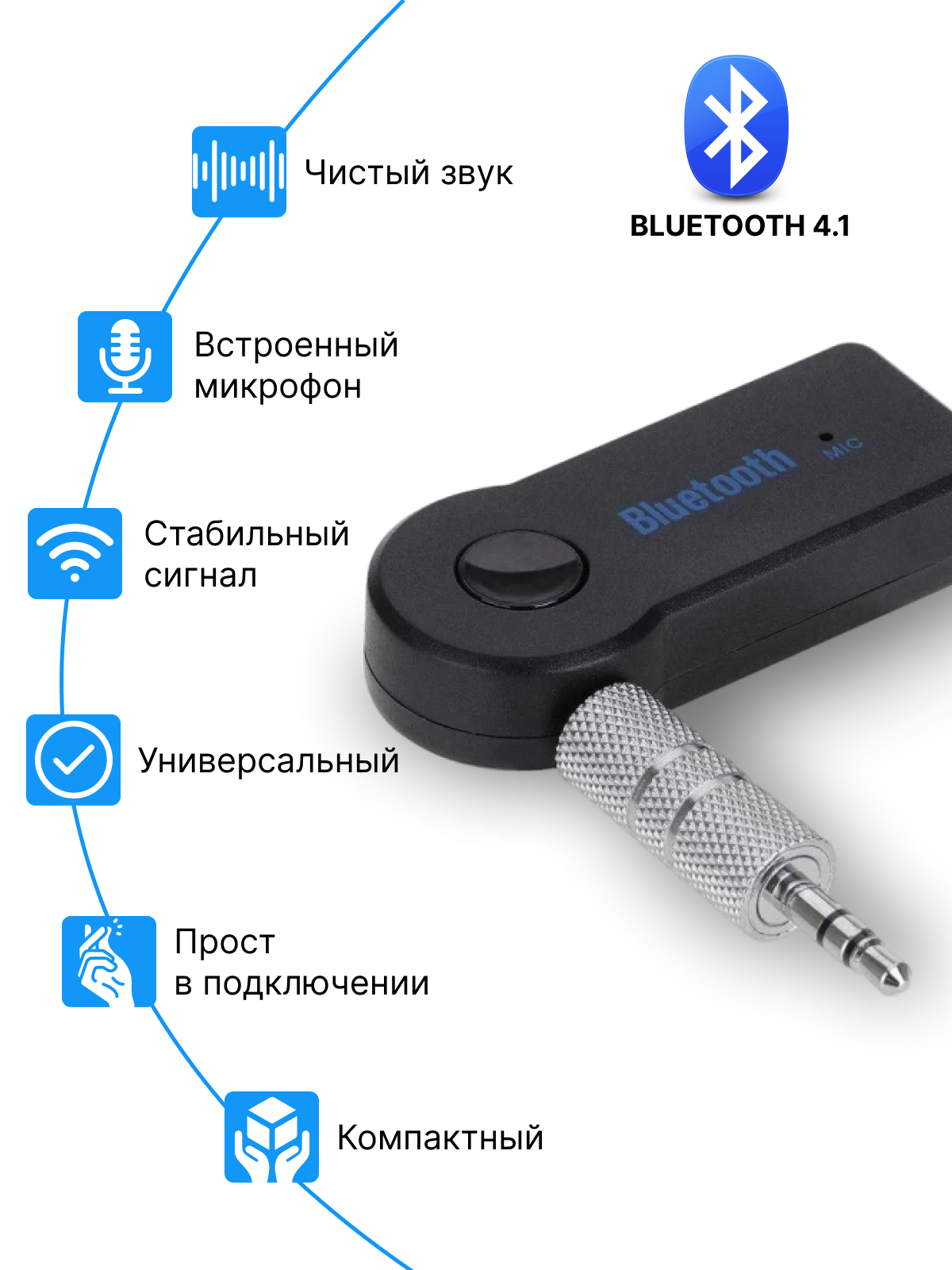 Автомобильный Bluetooth AUX / Bluetooth адаптер для авто / Универсальный с микрофоном , 3.5 мм , чёрный