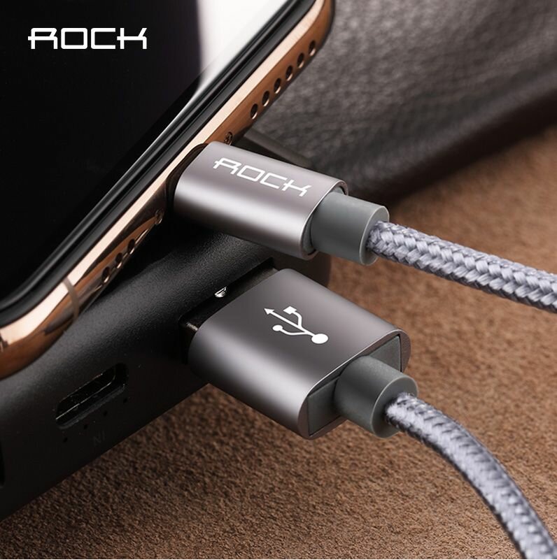 Кабель ROCK Xiaomi USB-A to Lightning 180 cm. 2.4A, в нейлоновой оплетке, Metal Charge & Sync Round Cable Серый