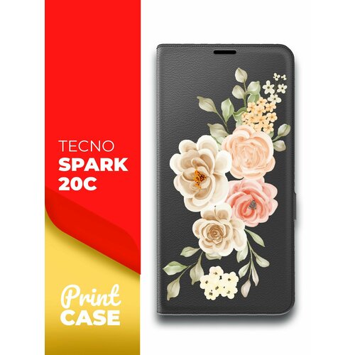 Чехол на Tecno Spark 20C (Техно Спарк 20С) черный книжка эко-кожа подставка отделением для карт и магнитами Book case, Miuko (принт) Бледные цветы чехол на tecno spark 20 техно спарк 20 фиолетовый книжка эко кожа подставка отделением для карт и магнитами book case miuko принт бледные цветы