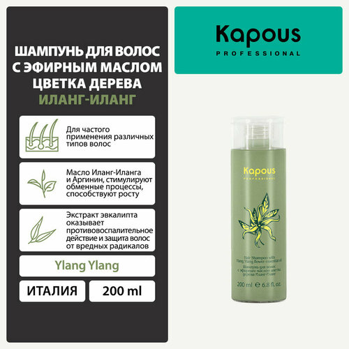 Kapous шампунь для волос Ylang Ylang flower essential oil, 200 мл kapous professional шампунь для волос kapous с эфир маслом иланг иланг 250 мл