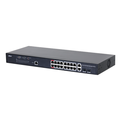 коммутатор axis t8516 poe network switch 5801 692 управляемый гигабитный коммутатор poe 2 sfp rj45 uplink порта и 16 poe портов с общей мощностью Dahua DH-PFS4218-16GT-230