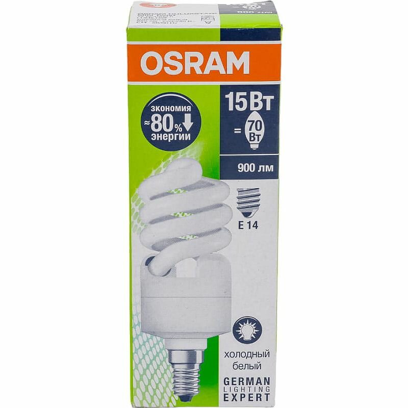 Лампа Спираль Люминесцентная 15W 220-240V E14 CFL Spiral 900Лм 4000К D-41mm L-100mm Энергосберегающая Свет Холодный белый OSRAM, уп. 1шт