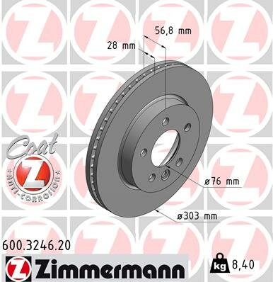 Тормозной диск ZIMMERMANN 600 3246 20 вентилируемый передний мост