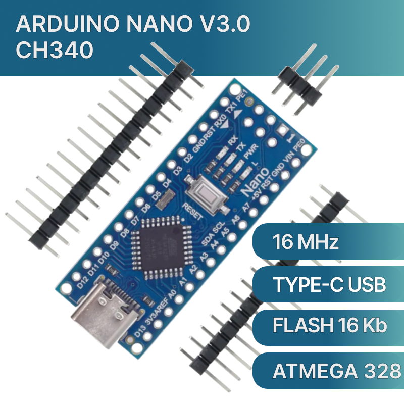 Контроллер Arduino NANO V3.0 TYPE-C USB (CH340)/ Плата Ардуино Нано V3.0, пины для пайки