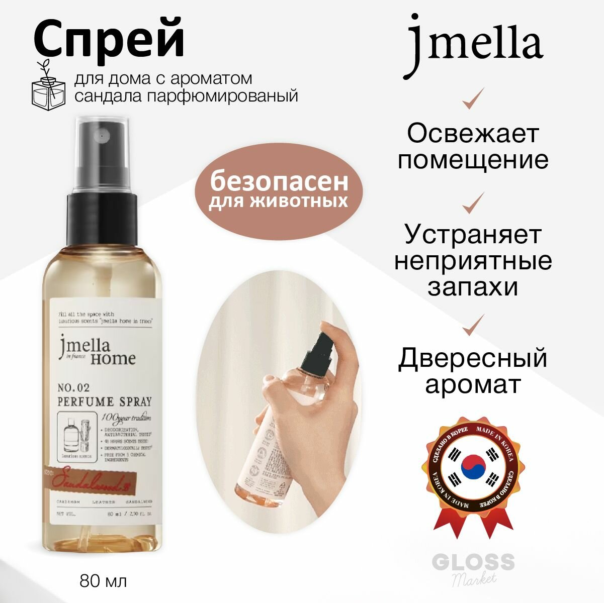 JMELLA Парфюмированый спрей для дома и текстиля с ароматом сандала Home in France Sandalwood 33 Perfume Spray 80 мл