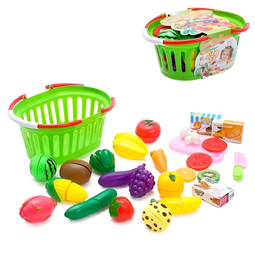 Детский игровой набор игрушечные овощи и фрукты на липучках с ножом и доской в корзинке, 38 предметов, 6945-1 игровой набор фрукты и овощи на липучке с доской и ножом 10 предметов
