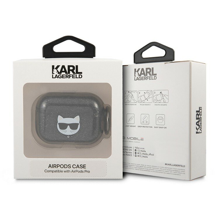 Чехол Karl Lagerfeld TPU Glitters with ring Choupette Transparent для Airpods Pro, черный