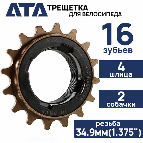 фривил трещотка ruby 16t 1 37 1 2 x 1 8 для single speed и bmx велосипедов Трещотка ATA KDF-055B, 1/2х1/8х16Т, резьба 1.375-24T, (34,9мм), 2 собачки, 4 шлица, коричневая-черная