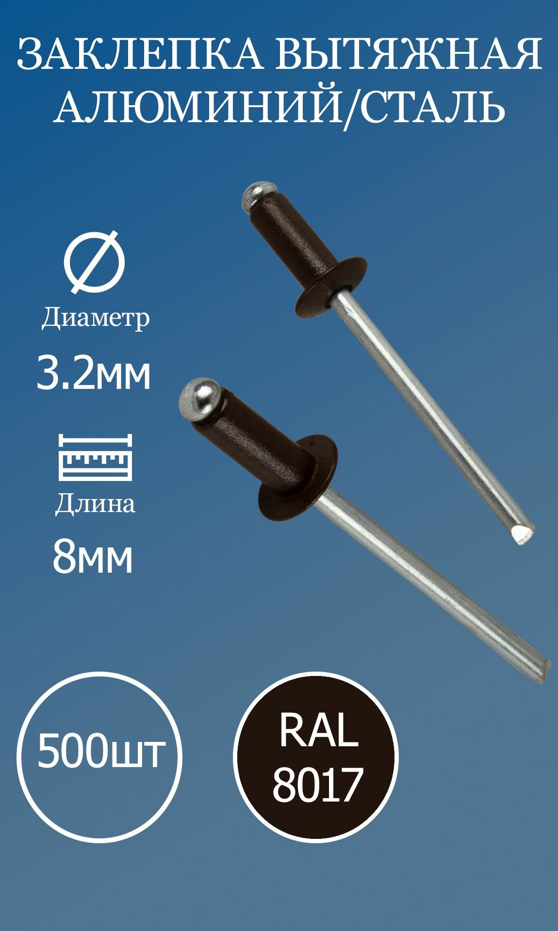 Заклёпка вытяжная 3,2х8 коричневый шоколад RAL8017 500шт.