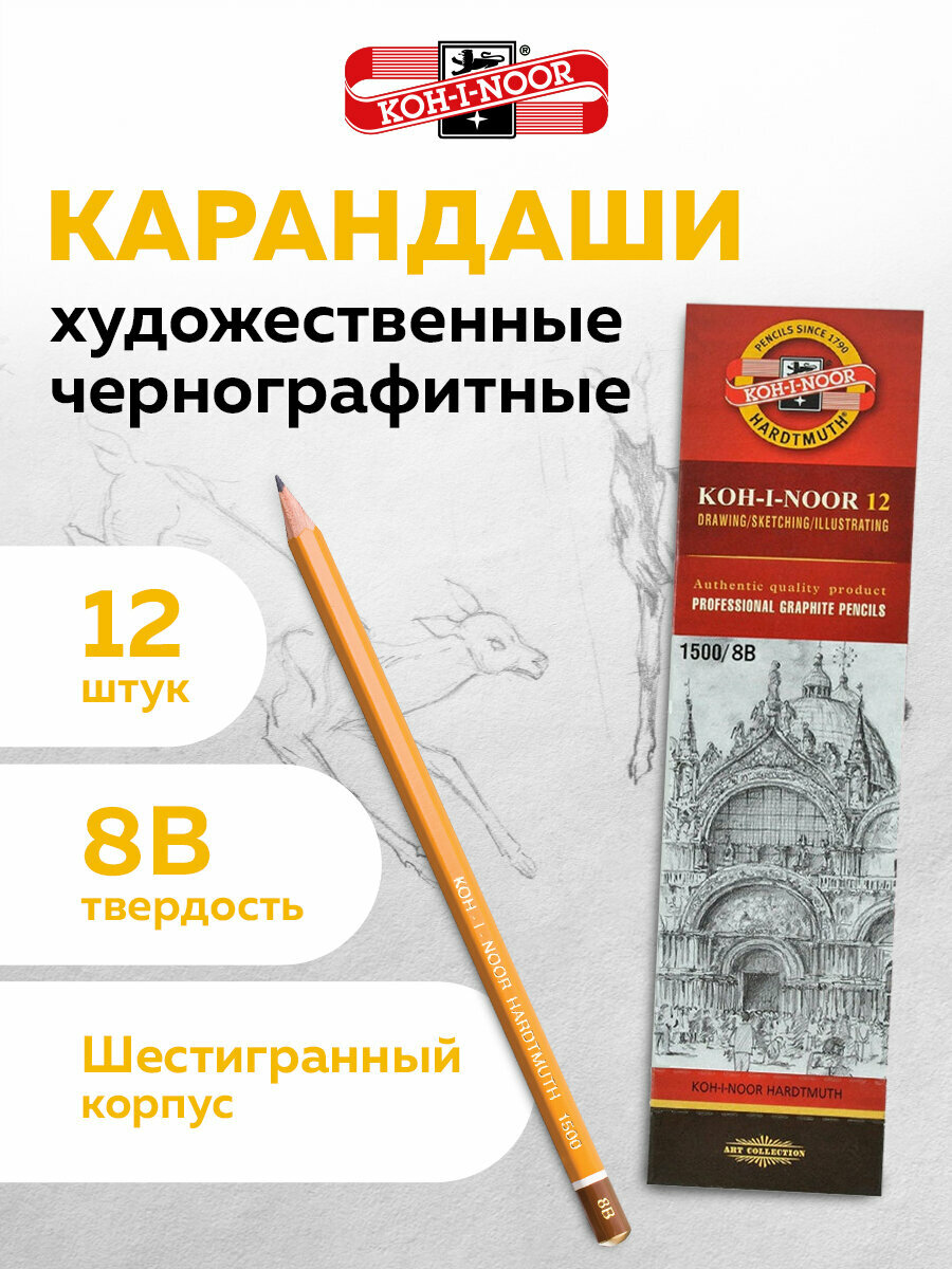 Карандаши простые чернографитные 8B Koh-i-noor 1500, Комплект 12 штук, корпус желтый, 880478