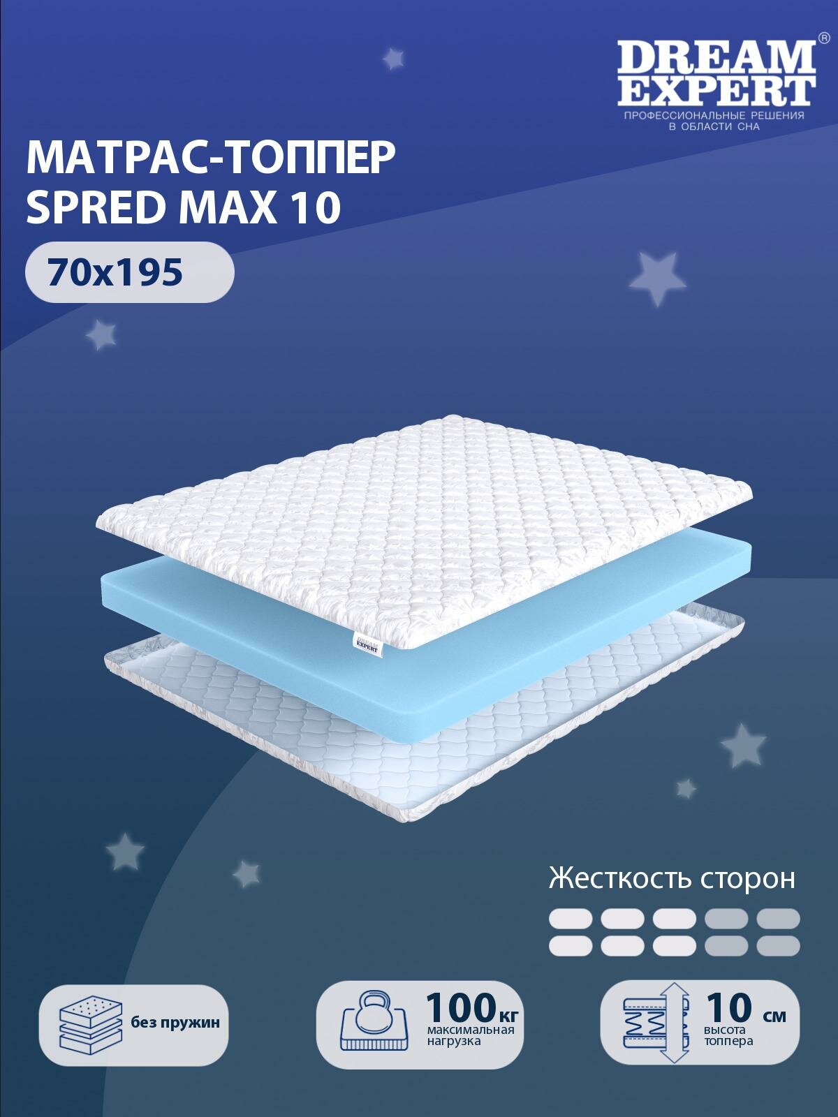 Матрас-топпер, Топпер-наматрасник DreamExpert Spred Max 10 на диван, тонкий матрас, на резинке, Беспружинный, хлопковый, на кровать 70x195