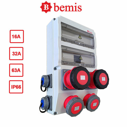 Щиток до 26 модулей, розетки CEE 2x5/32A, 2x5/63A, Schuko 4x1/16A, IP66, Bemis, BD8M6245-2304