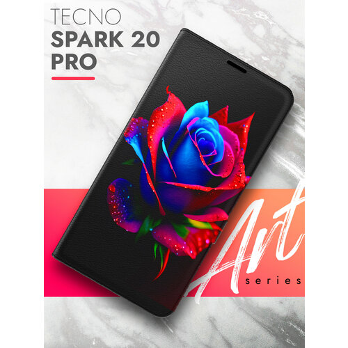 Чехол на Tecno Spark 20 Pro (Техно Спарк 20 Про) черный книжка эко-кожа подставка отделение для карт магнит Book case, Brozo (принт) Неоновая роза чехол на tecno spark 20 pro техно спарк 20 про черный книжка эко кожа подставка отделение для карт магнит book case brozo принт бежевые розы